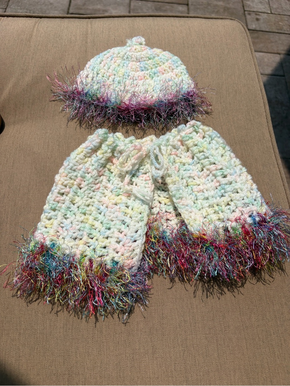 Pastel Crocheted  doll clothes Hat and Shawl Set with Rainbow fringe Trim